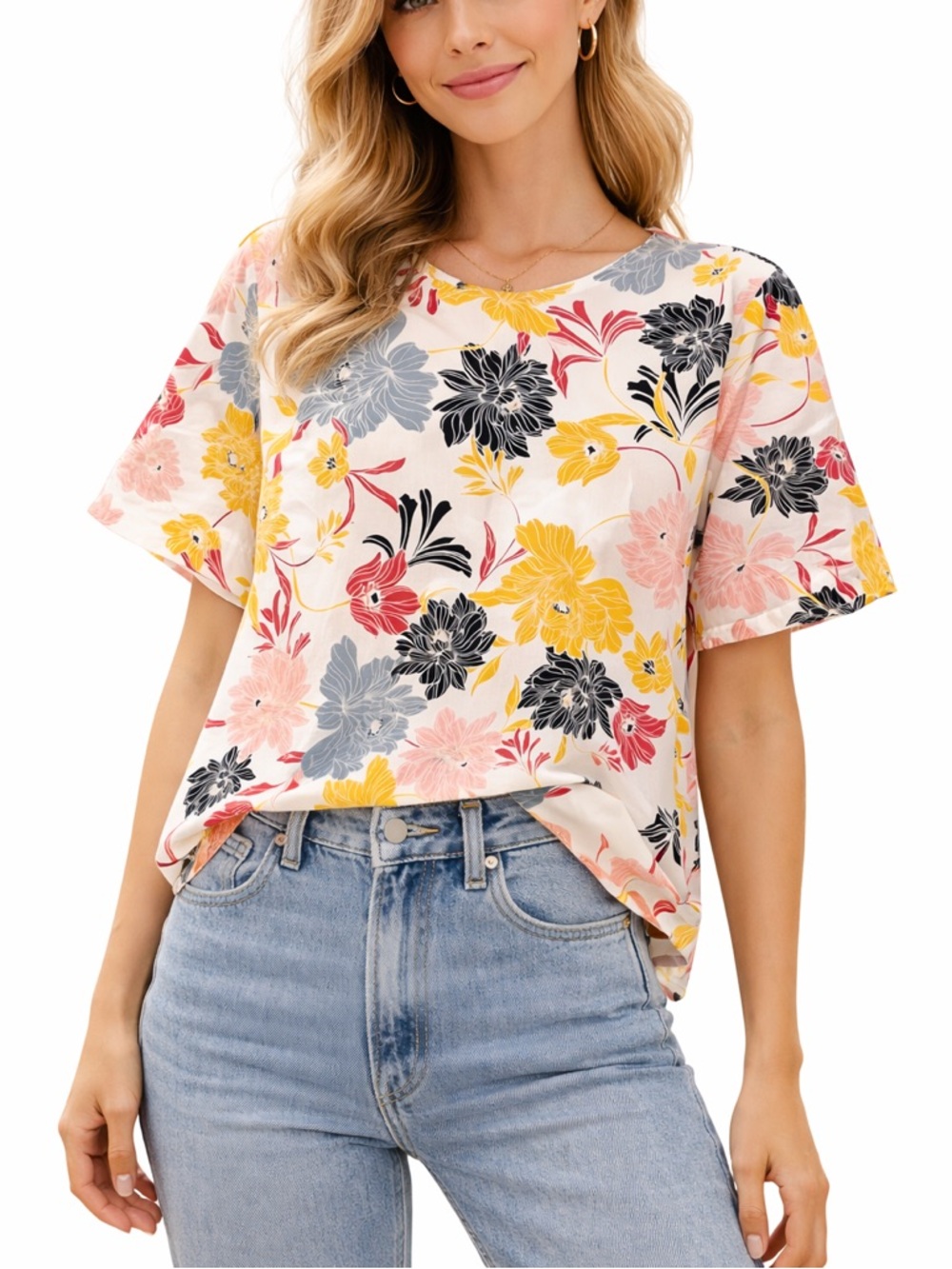 14th & Union Floral Blouse White Pink Yellow Short Sleeve Casual Spring Top L